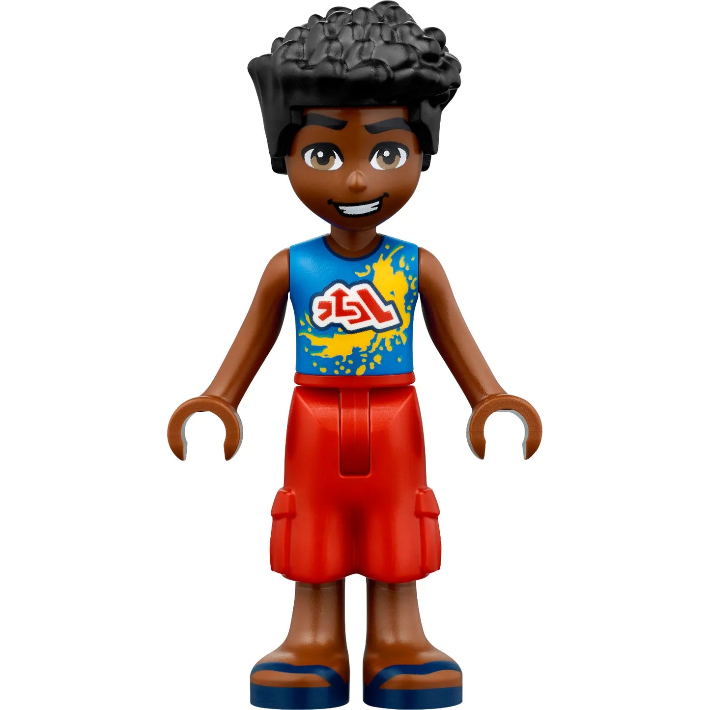 Minifigur frnd659 - Friends Zac - Blaues Hemd mit roten Symbolen und gelben Flecken, rote Hose, dunkelblaue Sandalen, orange Schwimmweste