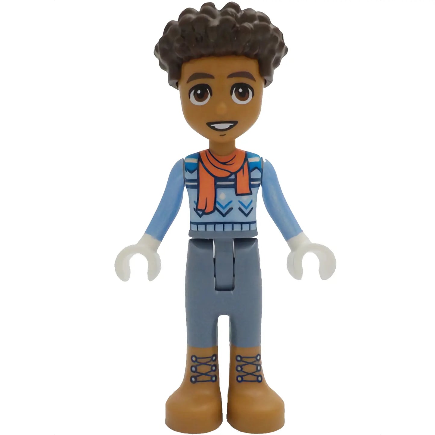 Minifigur frnd663 – Friends Aaron – Hellblauer Pullover, Korallenschal, Sandblaue Hose, Mittlere Nougatstiefel