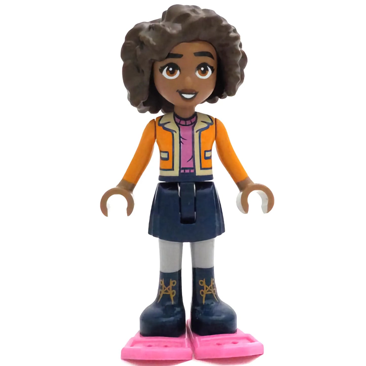 Minifigur frnd664 - Friends Aliya - Orange Jacke über dunkelrosa Pullover, dunkelblauer Rock, dunkelrosa Schneeschuhe