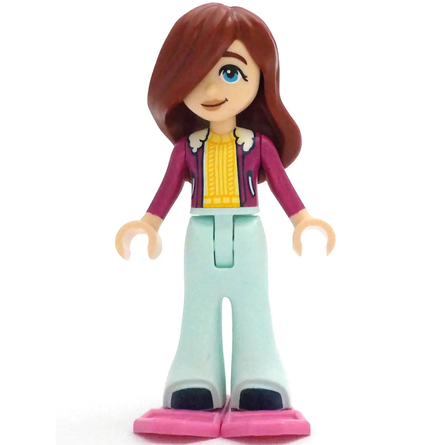 Minifigur frnd665 – Friends Paisley – Magentafarbene Jacke über einem leuchtend hellgelben Pullover, hellblaue Schlaghose, dunkelrosa Schneeschuhe