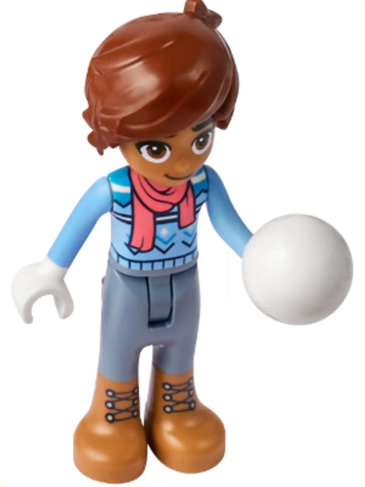 Minifig frnd668 - Friends Leo - Bright Light Blue Sweater, Coral Scarf, Sand Blue Trousers, Medium Nougat Boots