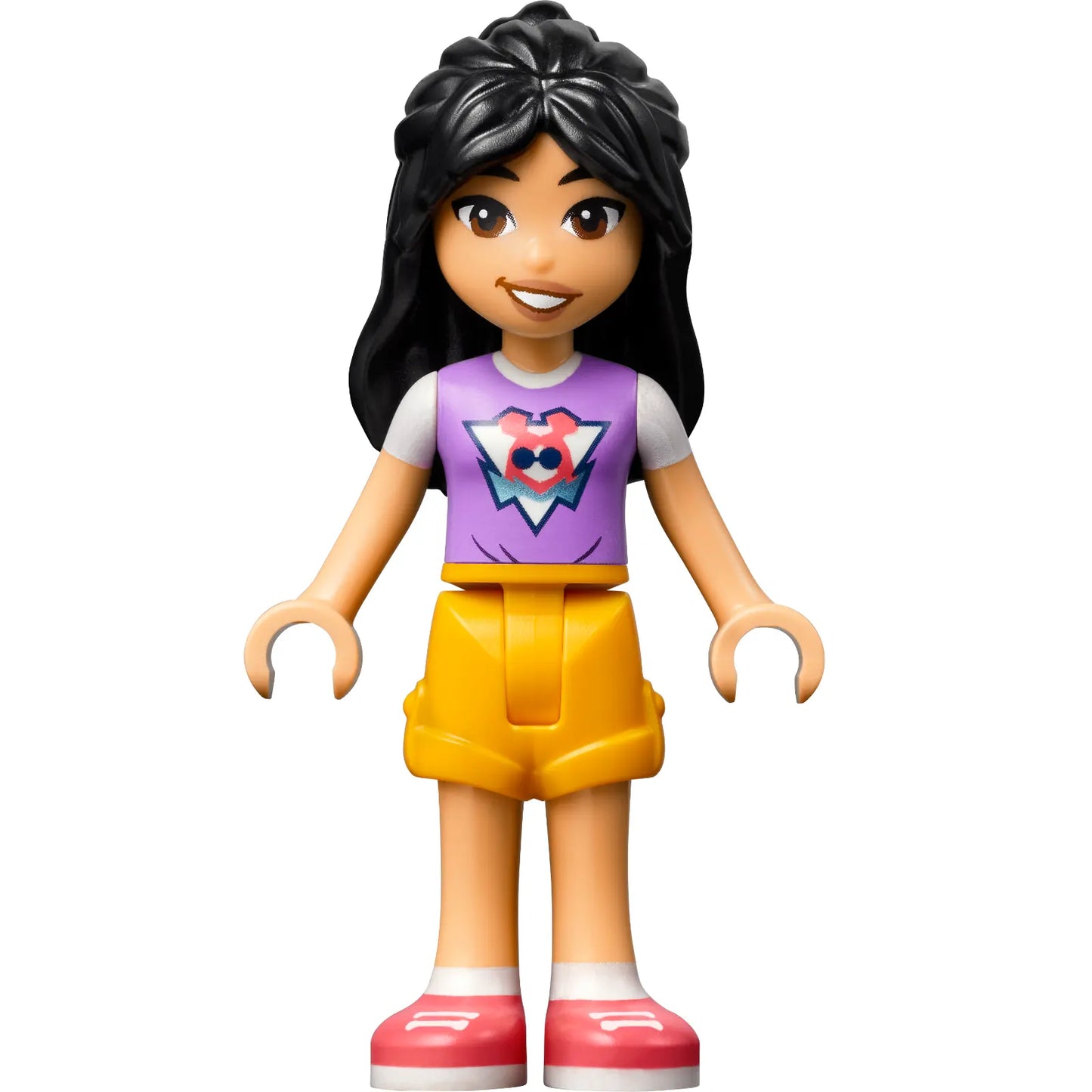Minifigur frnd726 – Friends Liann – mittellavendelfarbenes Oberteil, leuchtend hellorange Shorts, korallenfarbene Schuhe