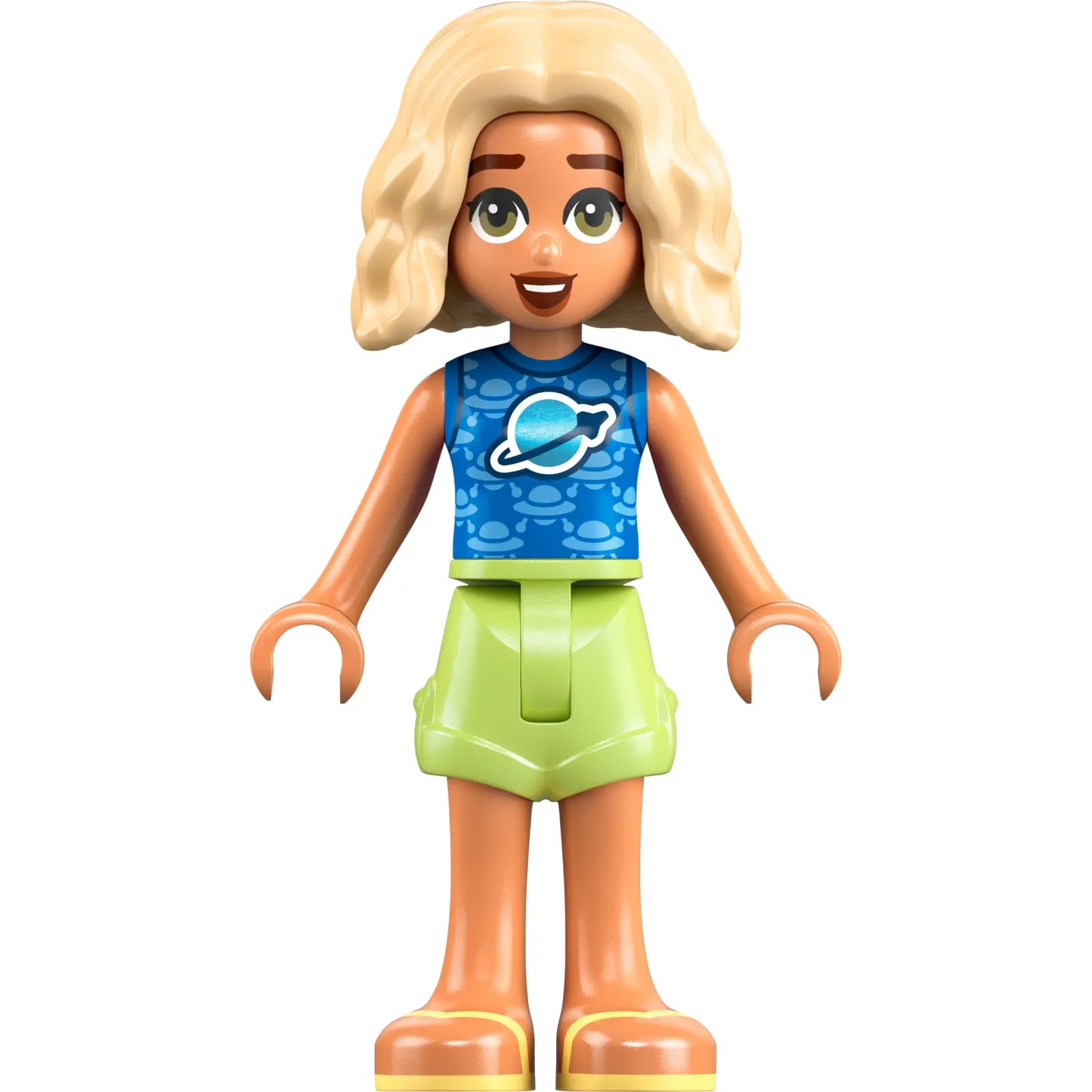 Minifig frnd730 - Friends Nova - Blue Shirt with Classic Space Logo, Yellowish Green Shorts, Bright Light Yellow Sandals