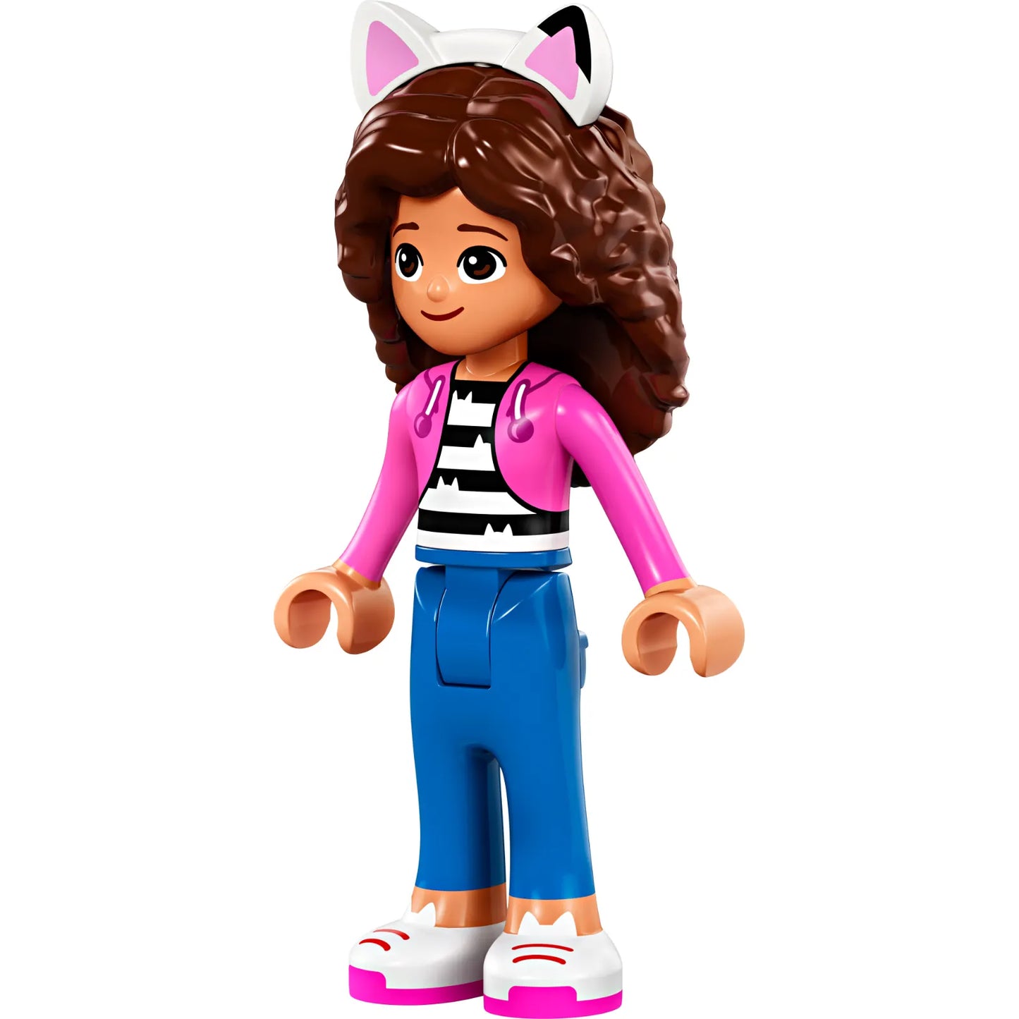 Minifig gdh010 - Gabby - Dark Pink Jacket over Black and White Striped Shirt, Blue Trousers, Dark Brown Hair with Internal Supports