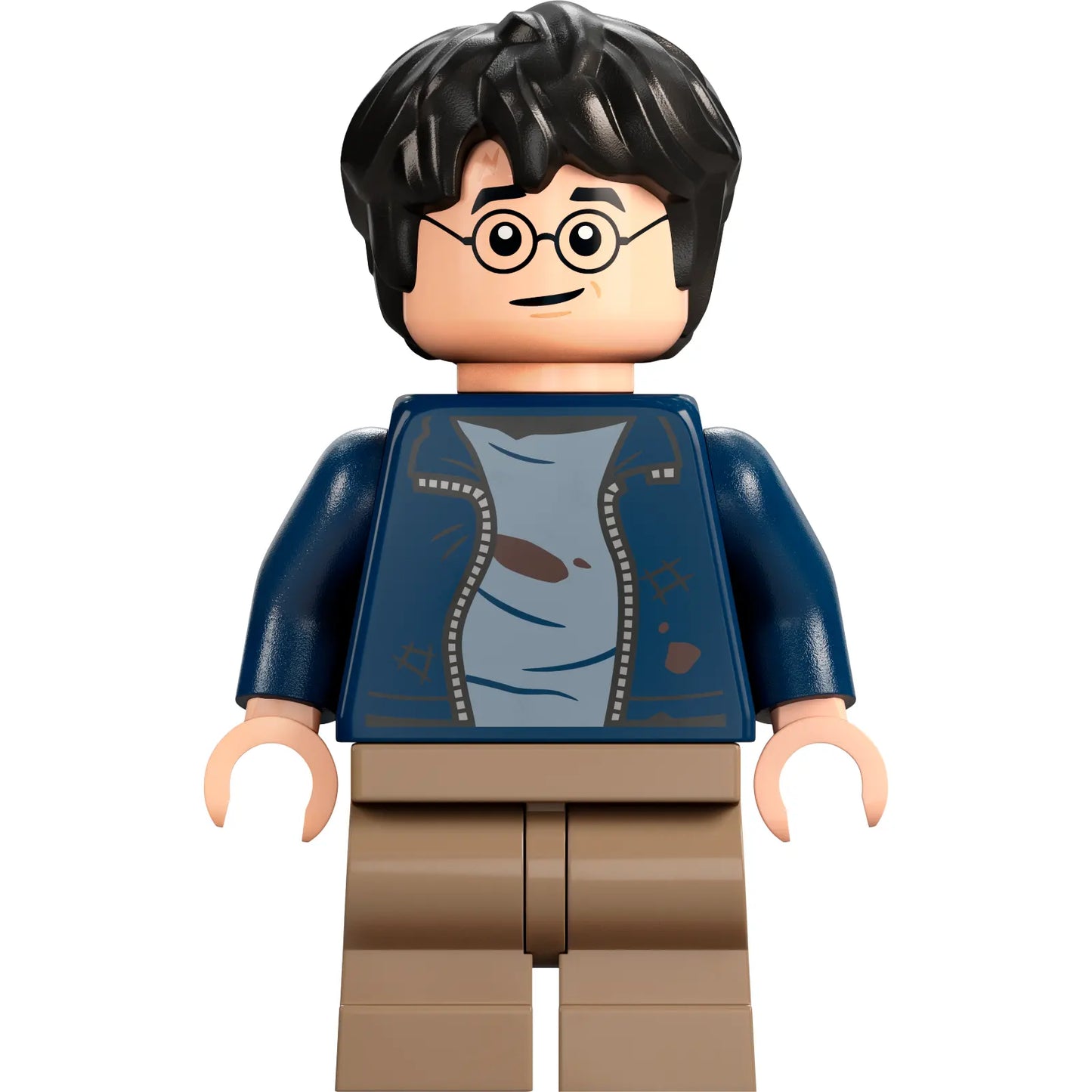 Minifig hp364 - Harry Potter - Dark Blue Open Jacket with Tears and Blood Stains, Dark Tan Medium Legs, Smile / Open Mouth with Teeth