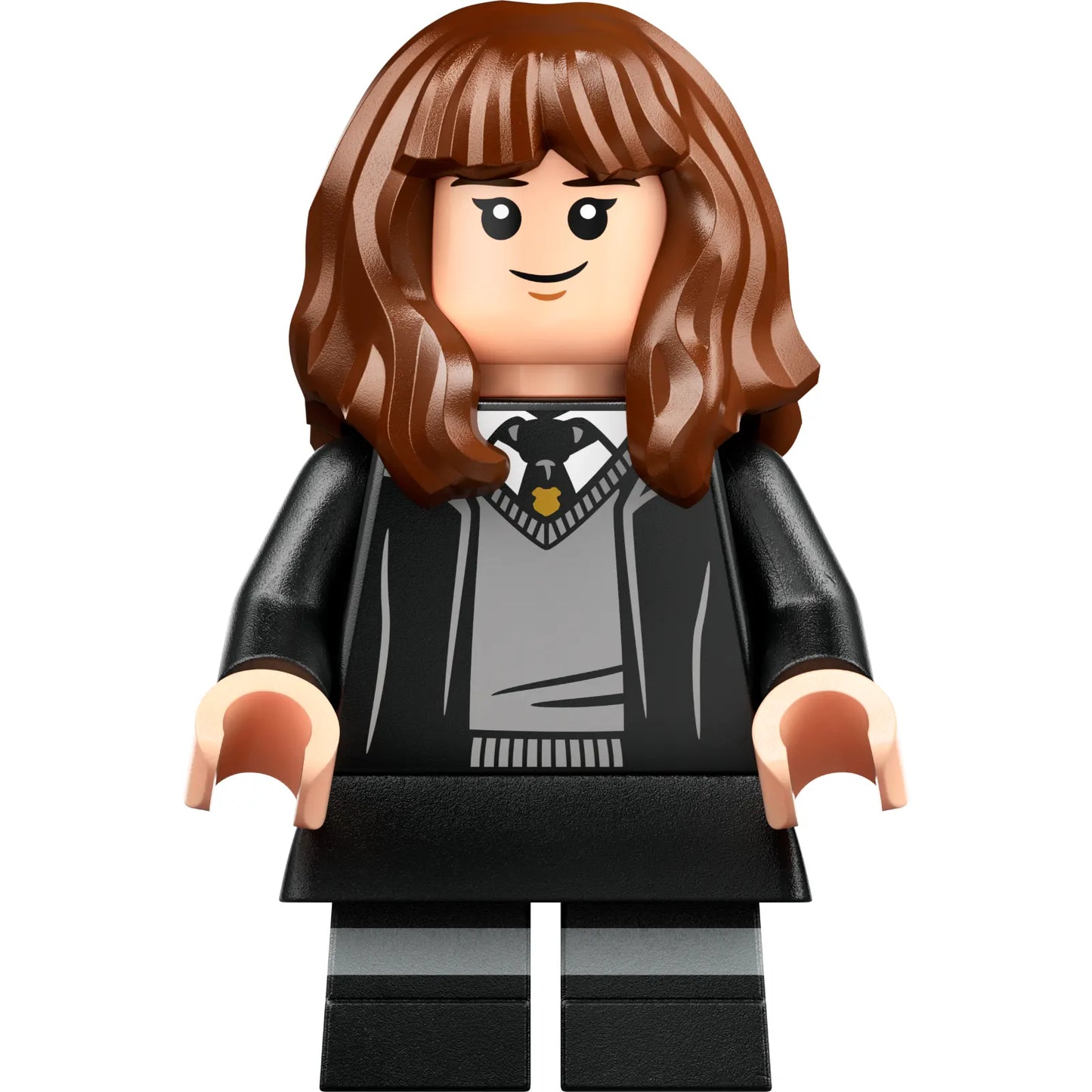 Minifig hp378 - Hermione Granger - Hogwarts Robe, Black Tie, Skirt, and Short Legs with Dark Bluish Gray Stripes