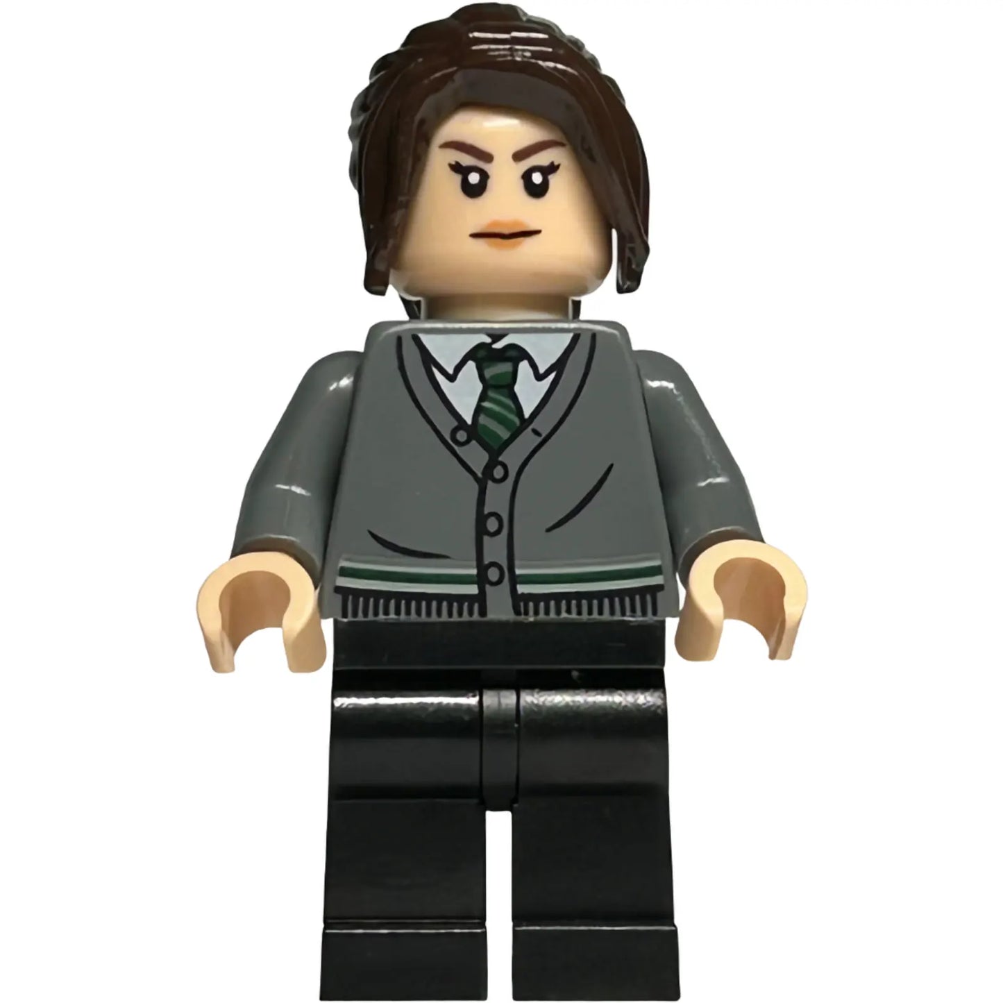 Minifig hp400 - Pansy Parkinson - Dark Bluish Gray Slytherin Cardigan Sweater without Crest, Black Legs