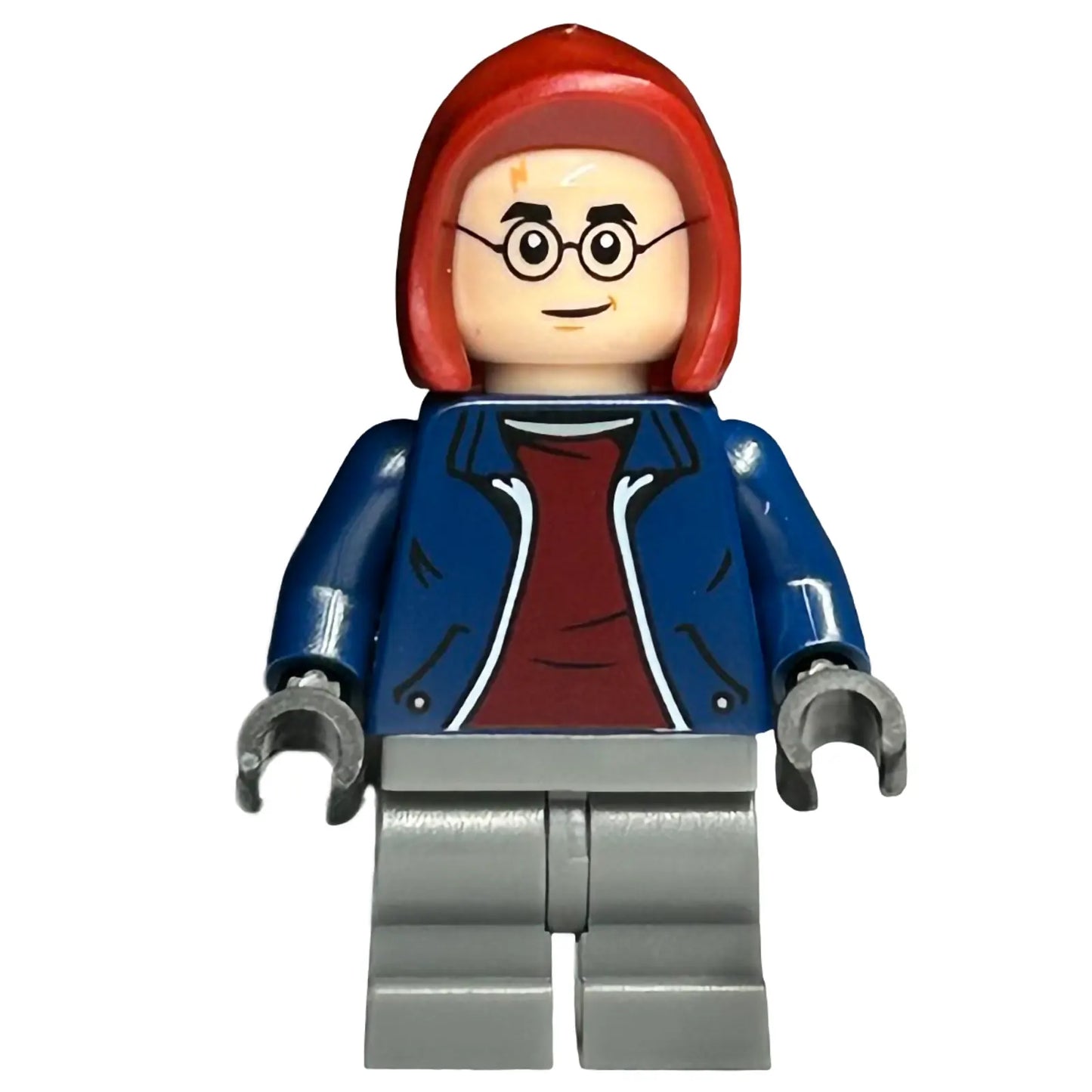Minifig hp458 - Harry Potter - Dark Blue Jacket with Dark Red Shirt, Dark Bluish Gray Medium Legs, Dark Red Hood