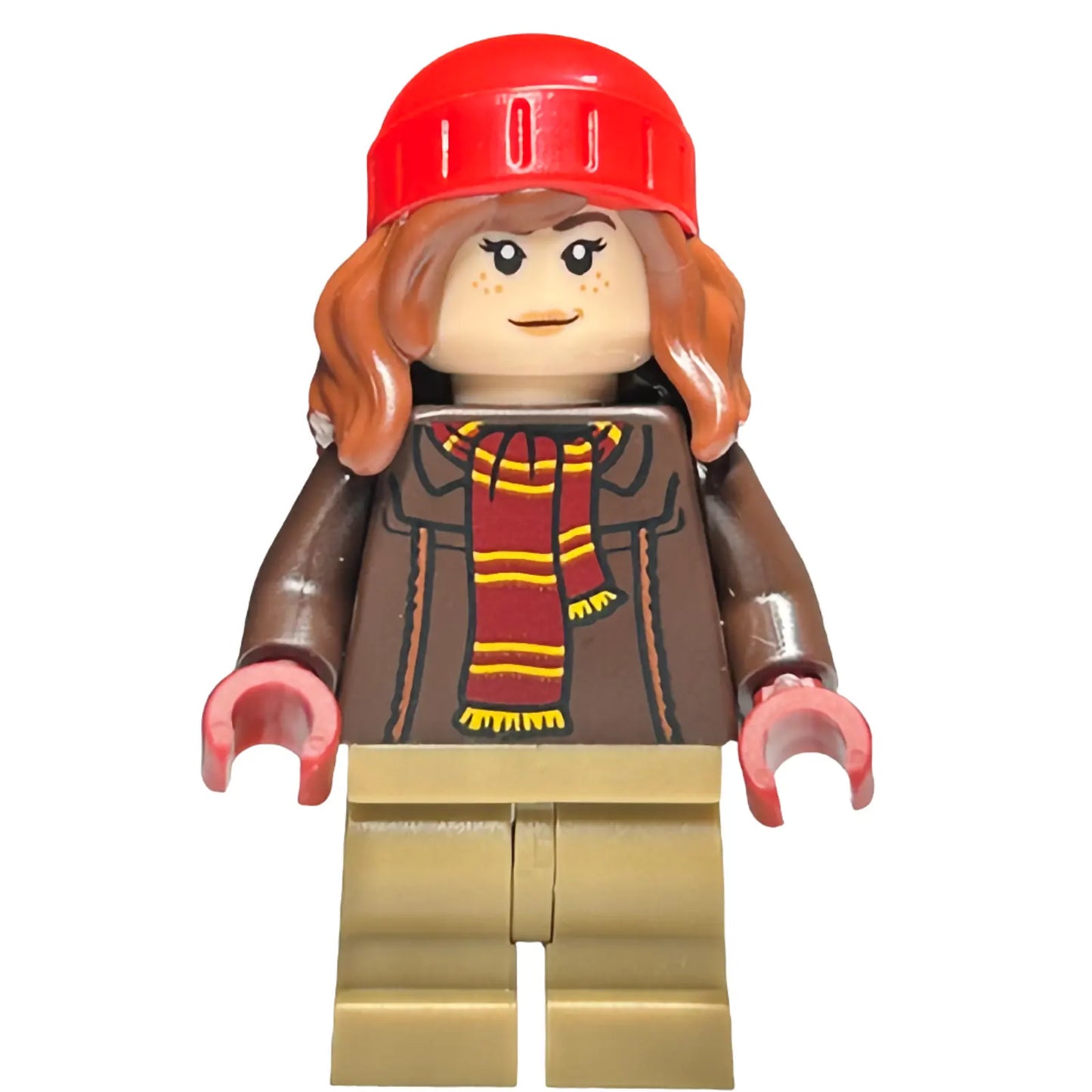 Minifig hp460 - Hermione Granger - Reddish Brown Jacket with Dark Red Scarf, Dark Tan Medium Legs, Reddish Brown Hair with Red Beanie