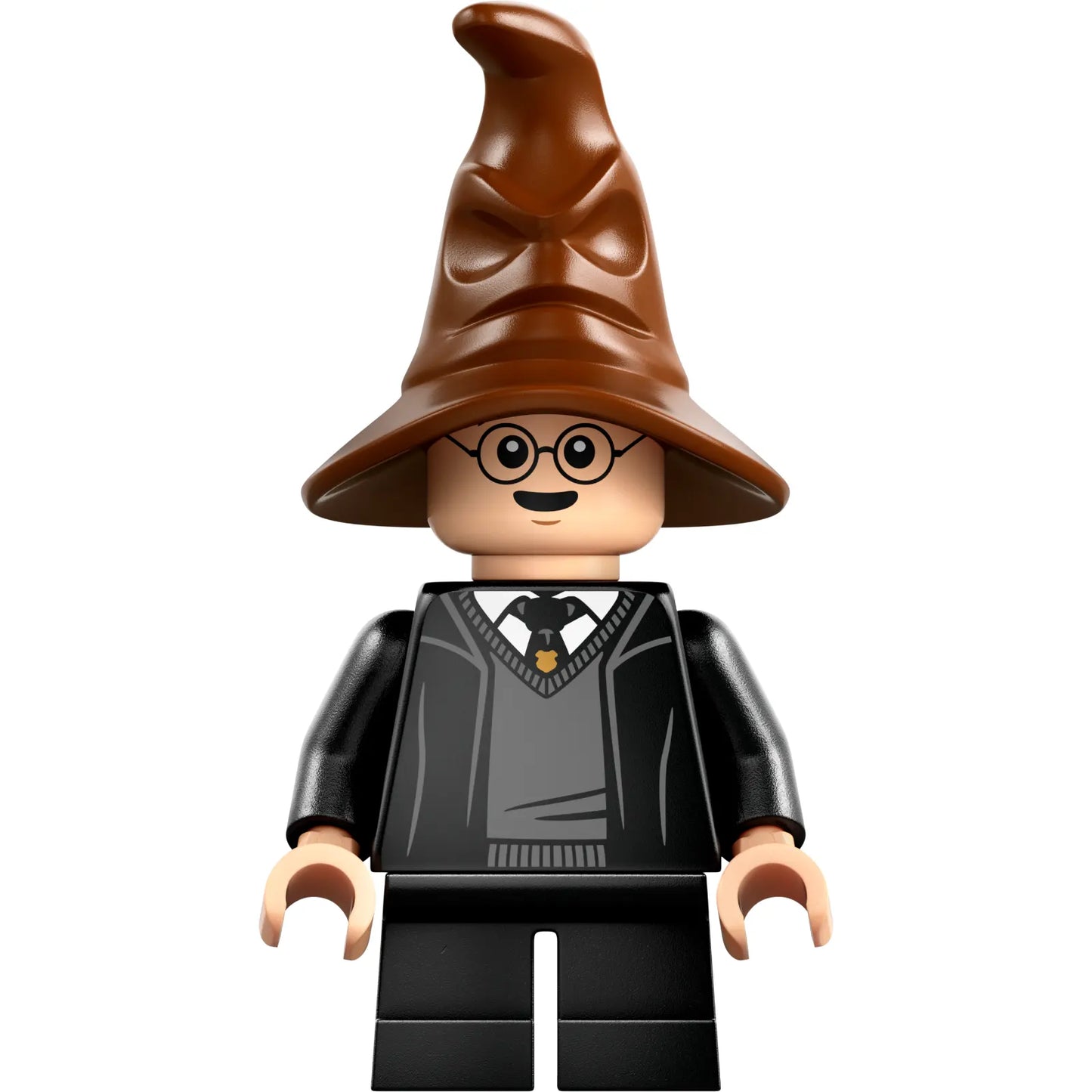 Minifigur hp466 - Harry Potter - Hogwarts-Robe, schwarze Krawatte und kurze Beine, rötlich-brauner Sprechender Hut