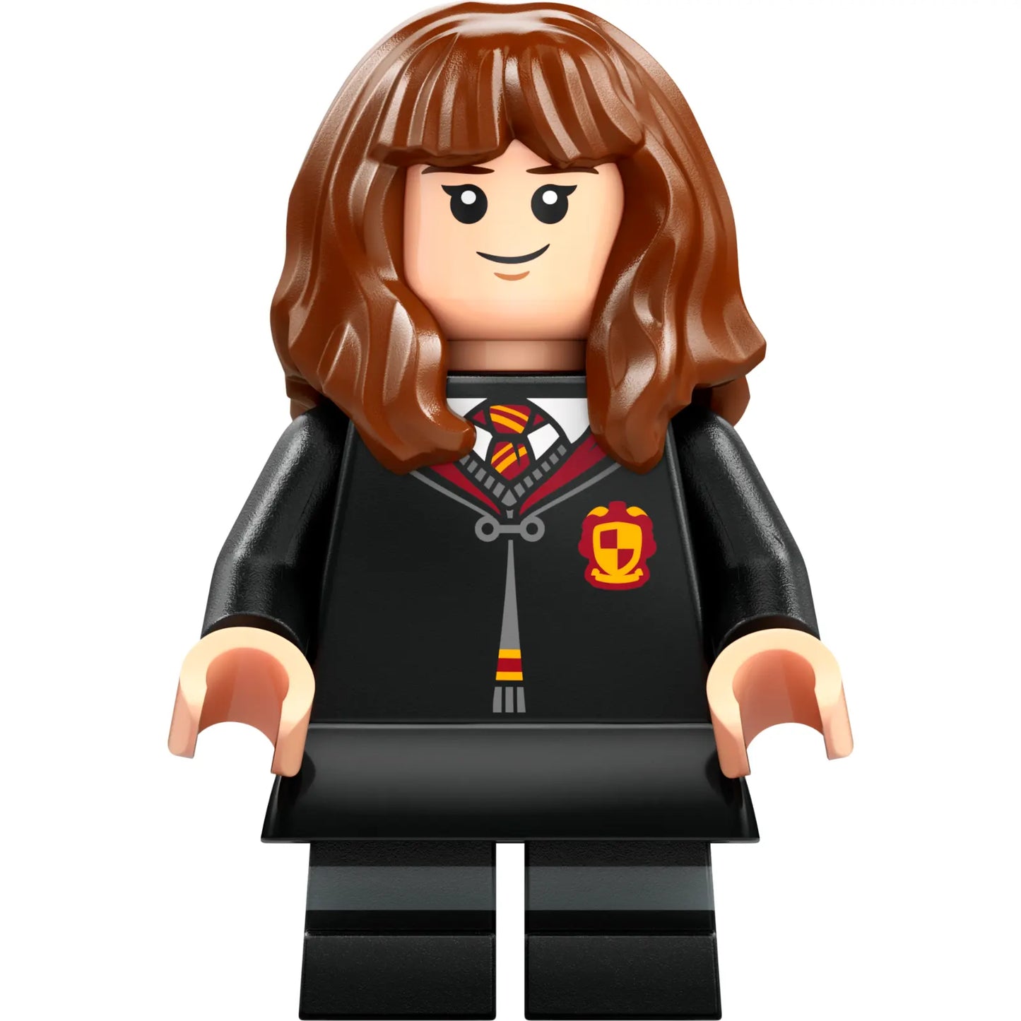 Minifig hp468 - Hermione Granger - Gryffindor Robe Clasped, Black Skirt, Black Short Legs with Dark Bluish Gray Stripes, Open Mouth Scared / Closed Mouth Grin