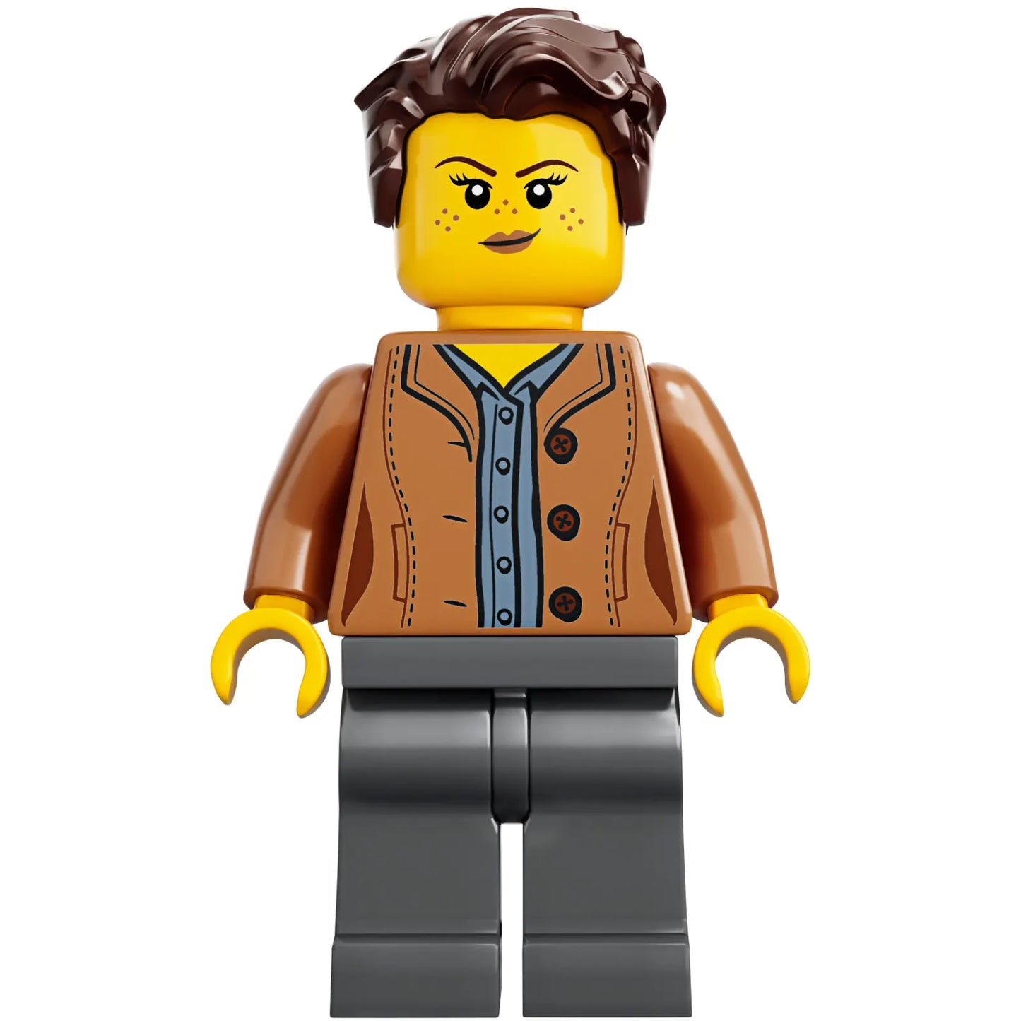 Minifig idea053 - Mom, Freckles, Medium Nougat Jacket, Dark Brown Hair Swept Left Tousled