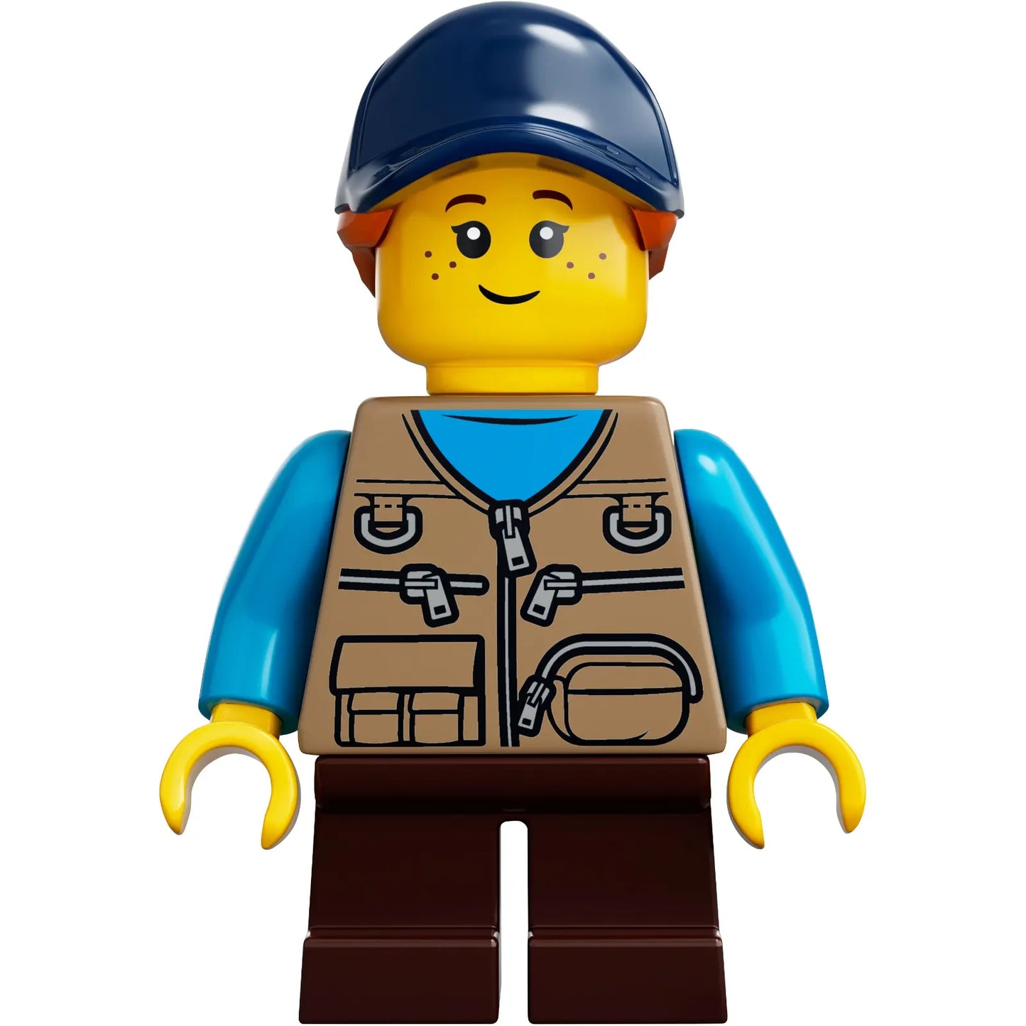 Minifig idea054 - Child - Girl, Dark Tan Vest over Dark Azure Shirt, Dark Brown Short Legs, Dark Blue Cap with Dark Orange Ponytail, Freckles