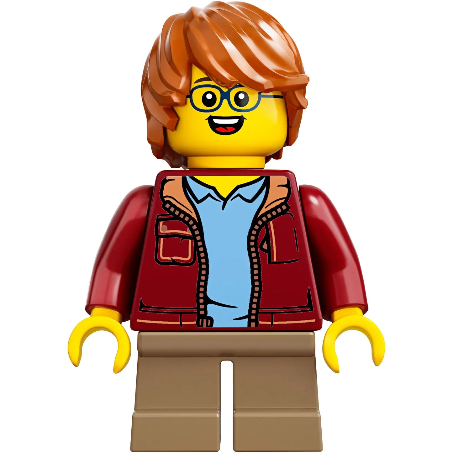 Minifig idea055 - Child - Boy, Dark Red Jacket, Dark Tan Short Legs, Dark Orange Tousled Hair, Glasses