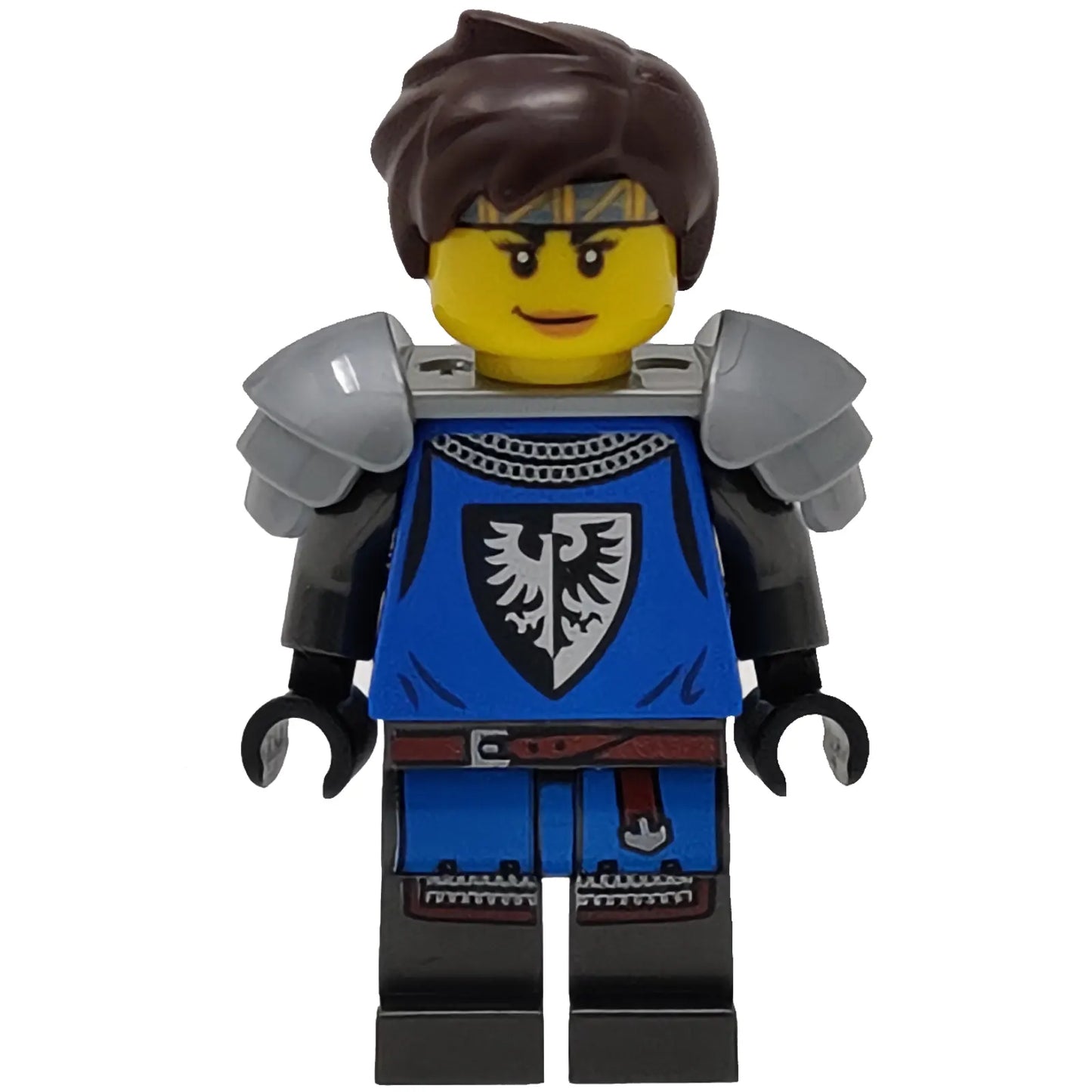 Minifigur idea084 - Schwarzer Falke - Weiblich, detaillierte Beine in Perldunkelgrau, flache silberne Schulterpolster