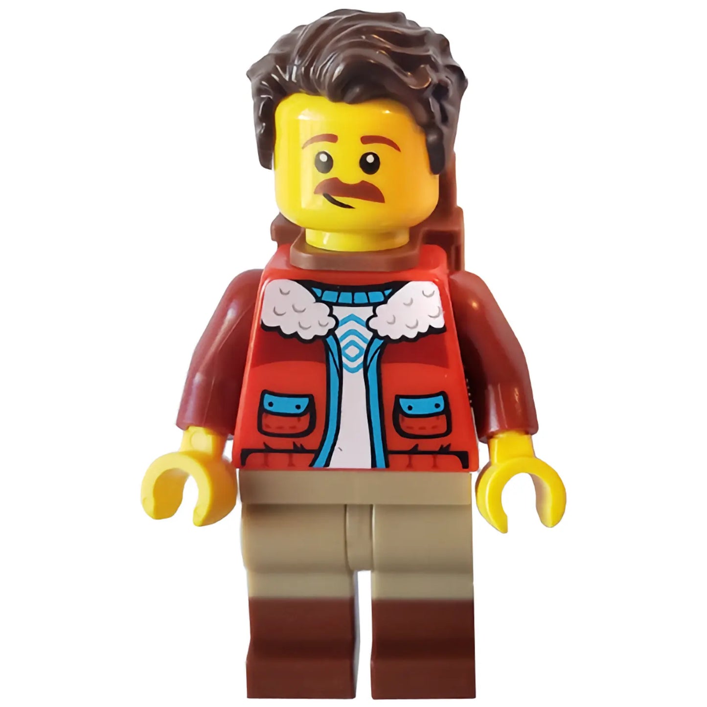 Minifig idea147 - Camper - Male, Dark Brown Hair, Red Jacket, Dark Tan Legs with Reddish Brown Boots, Backpack