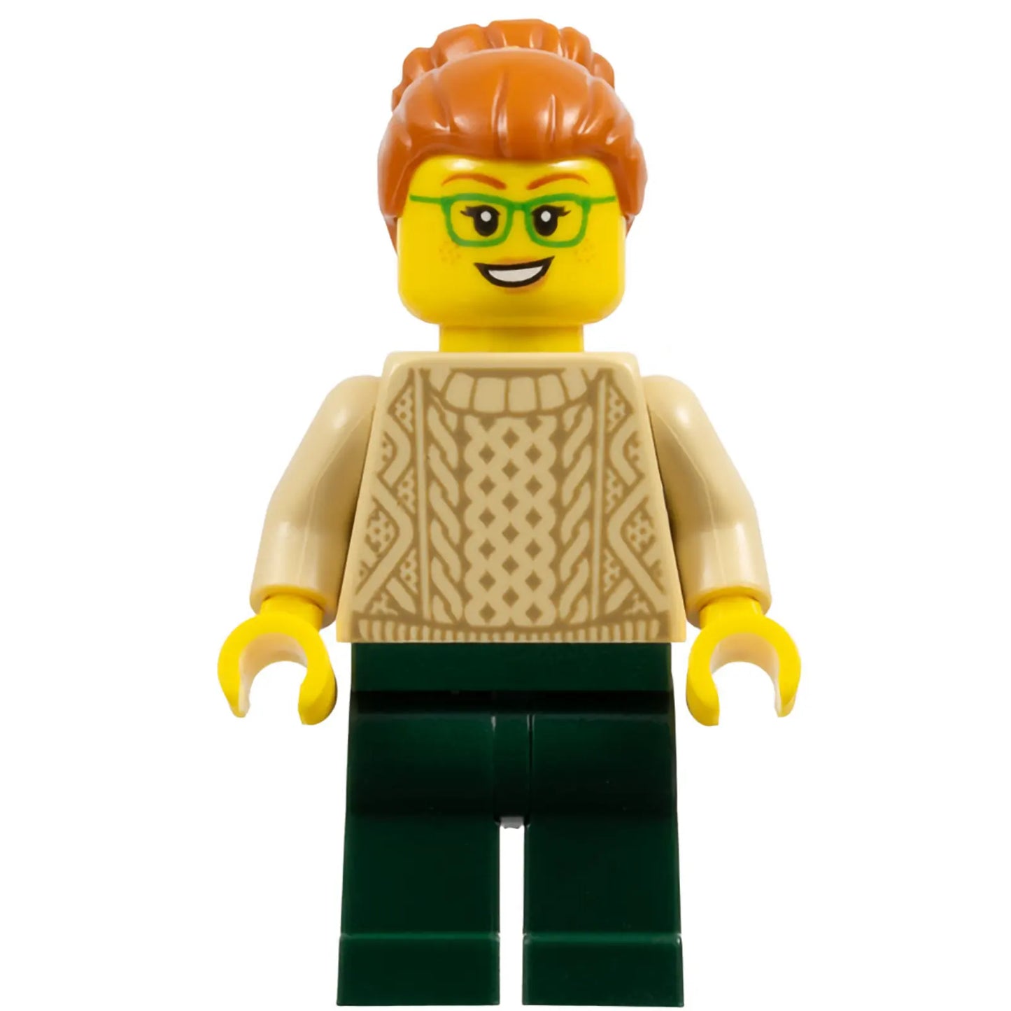 Minifig idea148 - Camper - Female, Dark Orange Hair, Glasses, Tan Sweater, Dark Green Legs