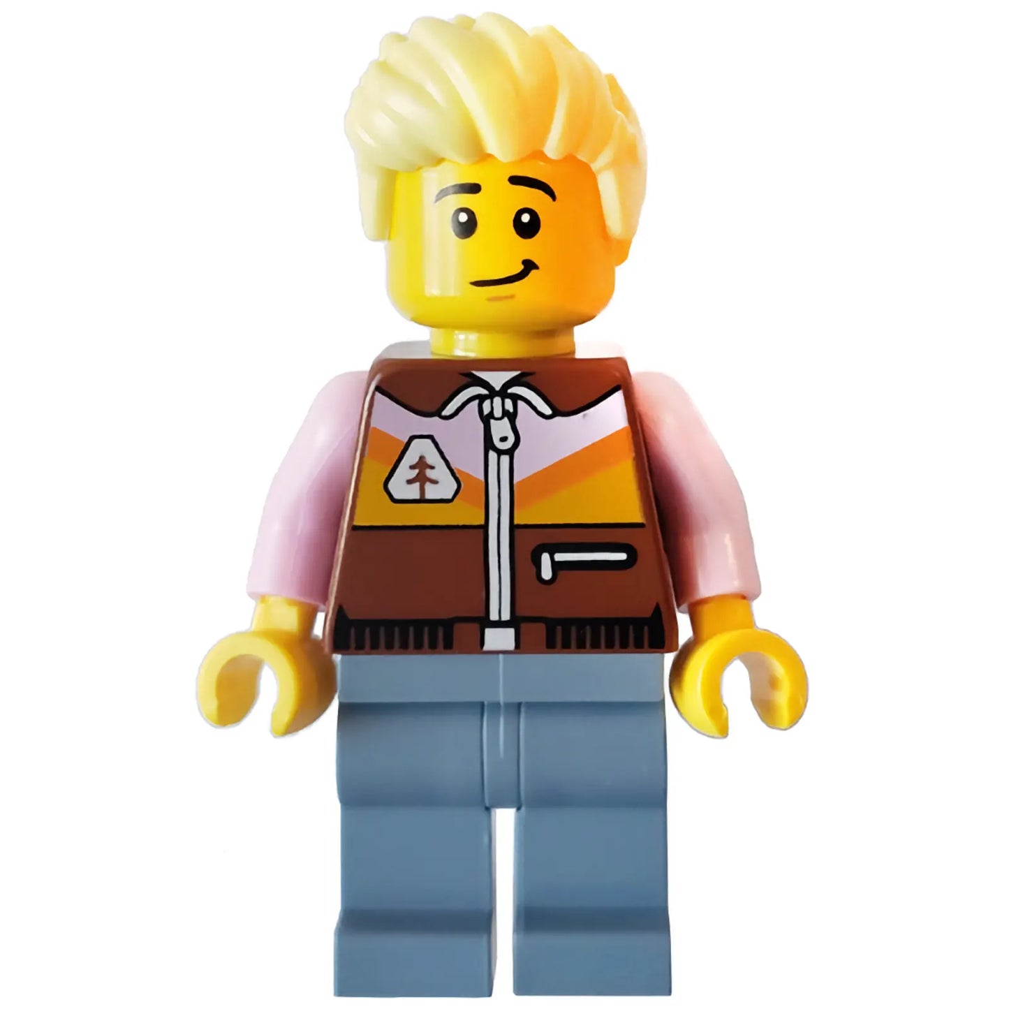 Minifig idea150 - Camper - Male, Reddish Brown Jacket, Sand Blue Legs, Bright Light Yellow Spiked Hair Swept Up
