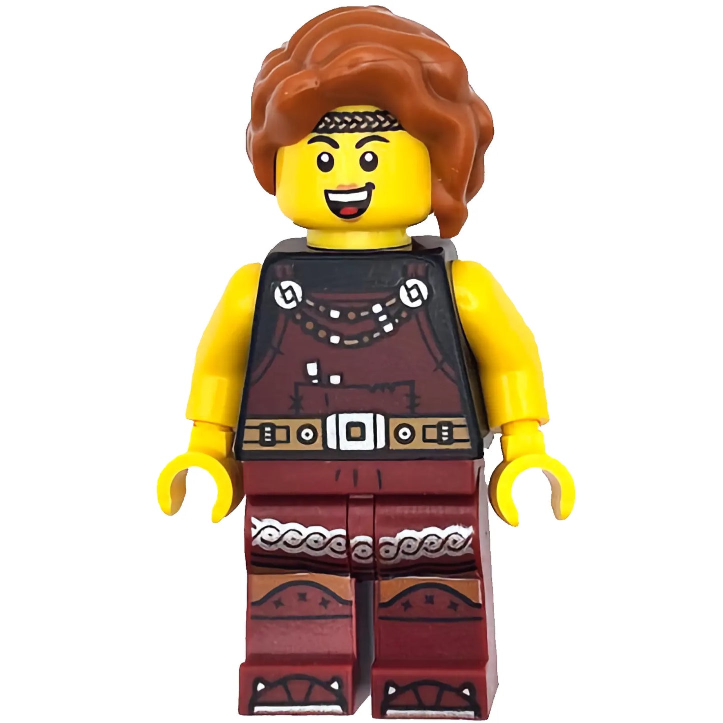 Minifig idea167 - Viking Blacksmith - Female, Dark Red Overalls, Dark Red Legs with Trim, Dark Orange Hair