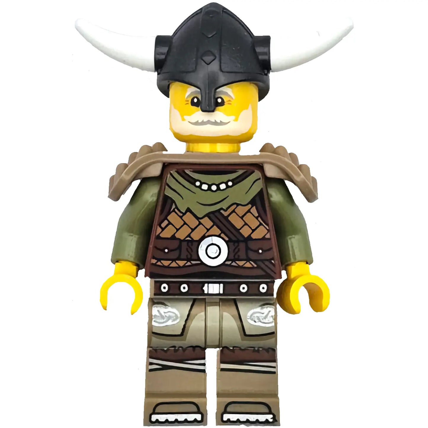 Minifig idea169 - Viking Chieftain - Male, Leather Armor, Dark Tan Legs with Tunic, Pearl Dark Gray Helmet, Shoulder Armor