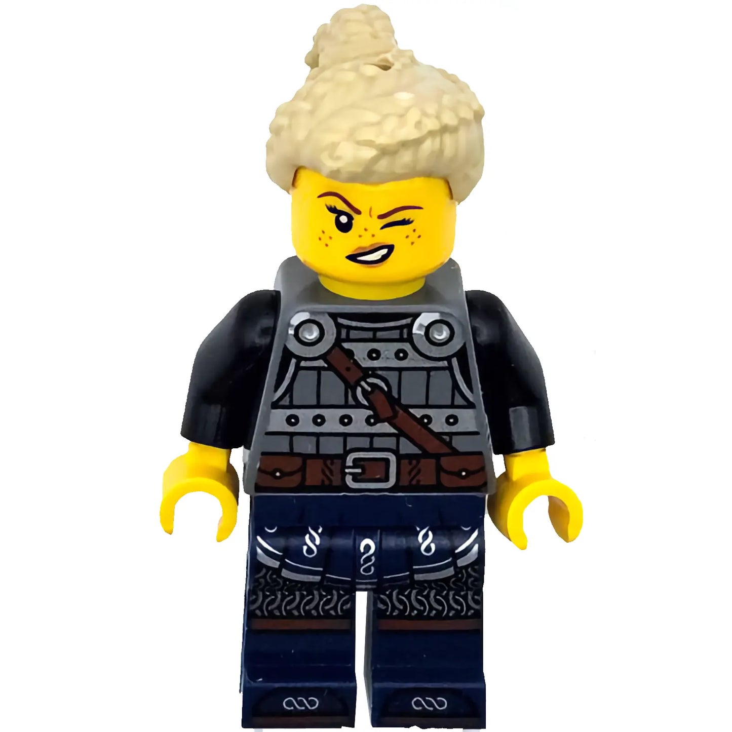 Minifig idea170 - Viking Shield-Maiden - Dark Bluish Gray and Silver Armor, Dark Blue Legs with Trim, Tan Hair