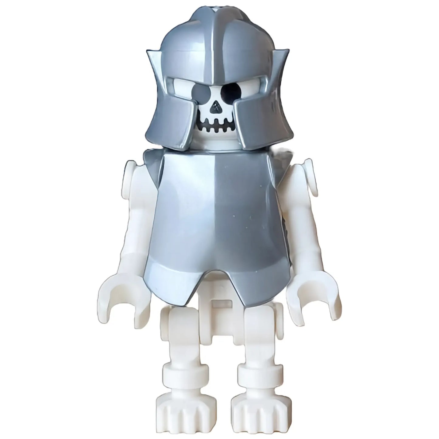 Minifig idea187 - Skeleton - Standard Skull, Bent Arms Vertical Grip, Flat Silver Helmet and Armor Breastplate (Colin the Fighter)