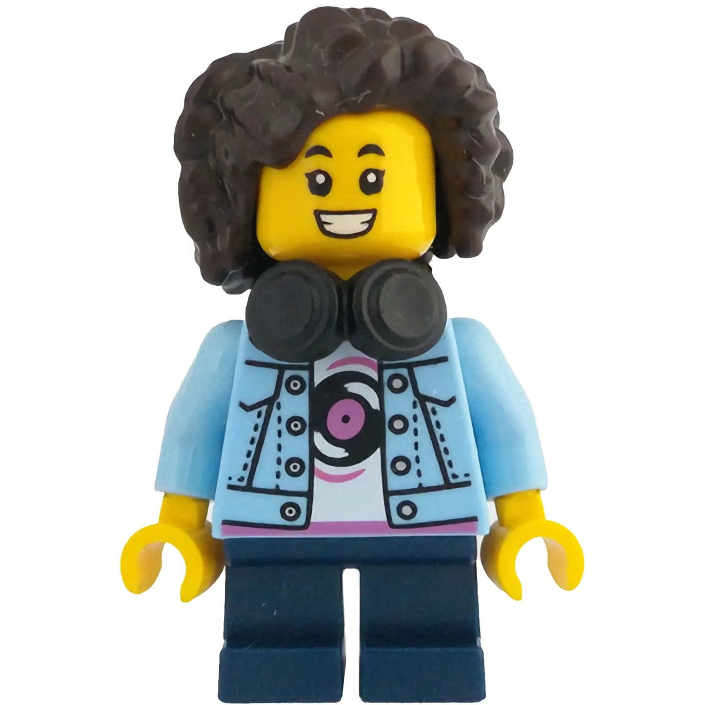 Minifig idea204 - Child - Girl, Bright Light Blue Denim Jacket, Dark Blue Short Legs, Headphones, Dark Brown Hair