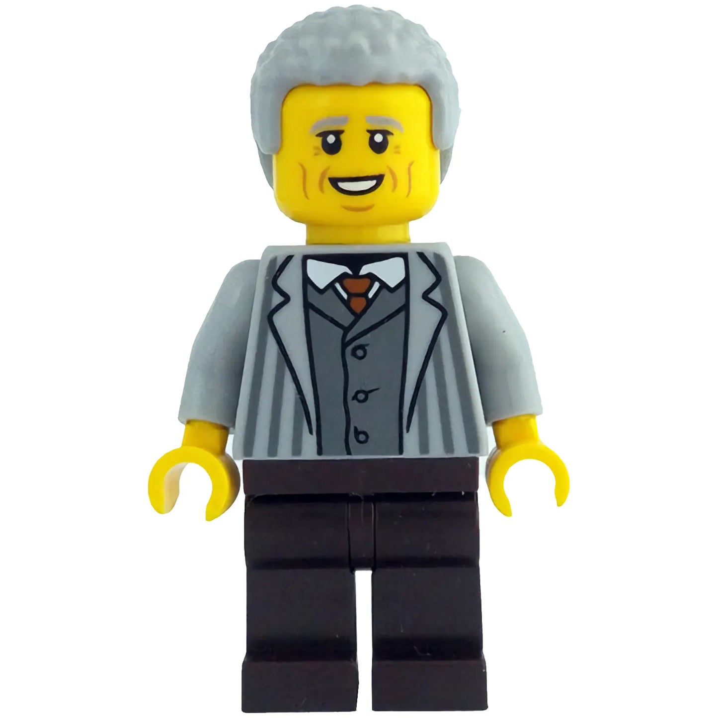 Minifig idea205 - Man - Light Bluish Gray Jacket with Pinstripes, Dark Brown Legs, Light Bluish Gray Coiled Hair