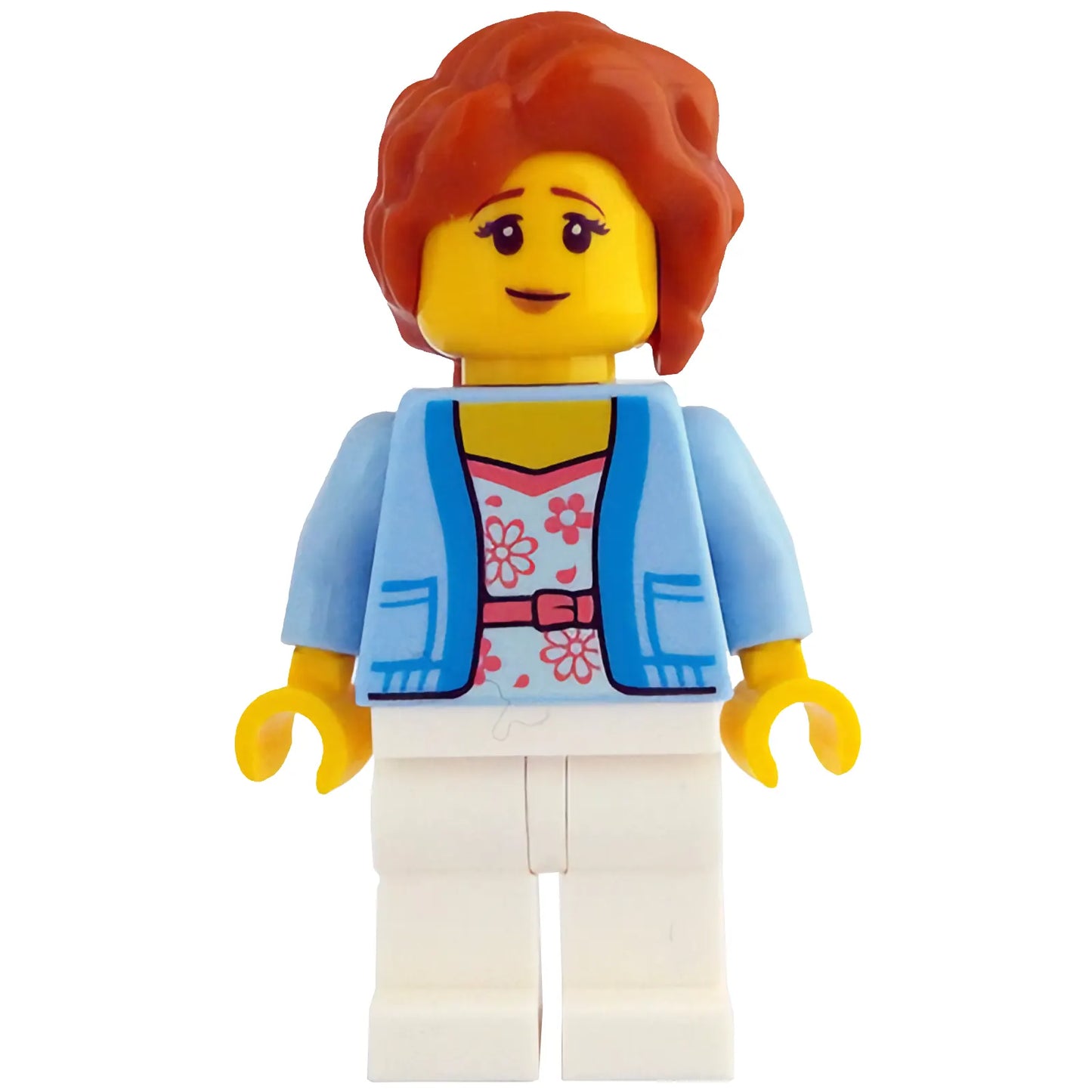 Minifig idea206 - Woman - Bright Light Blue Jacket over White Shirt with Coral Flowers, White Legs, Dark Orange Hair with Braid