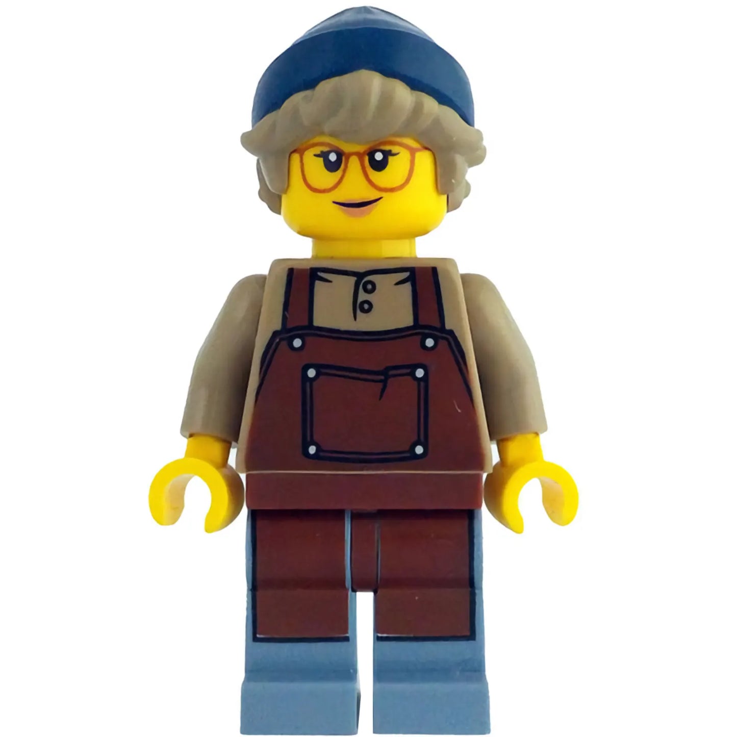 Minifig idea208 - Barista - Female, Reddish Brown Apron, Dark Blue Beanie, Dark Tan Hair, Glasses