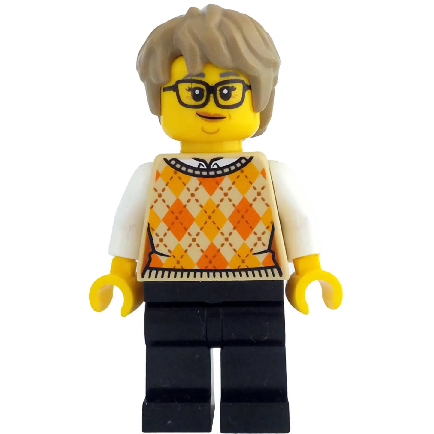 Minifig idea210 - Woman - Tan Knit Argyle Sweater Vest, Black Legs, Dark Tan Thick Messy Hair, Glasses