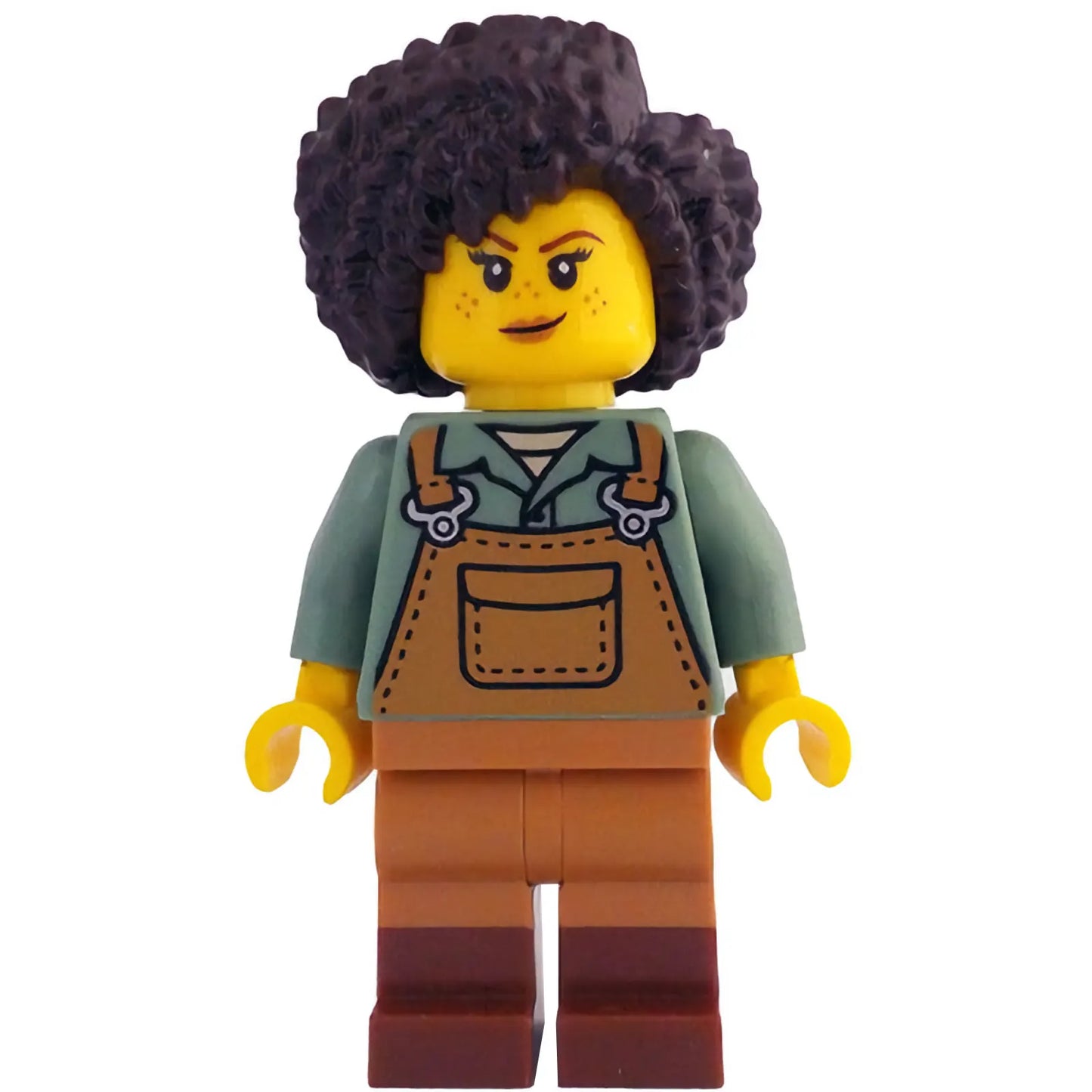 Minifig idea212 - Gardener - Female, Medium Nougat Overalls over Sand Green Shirt, Reddish Brown Boots, Dark Brown Hair