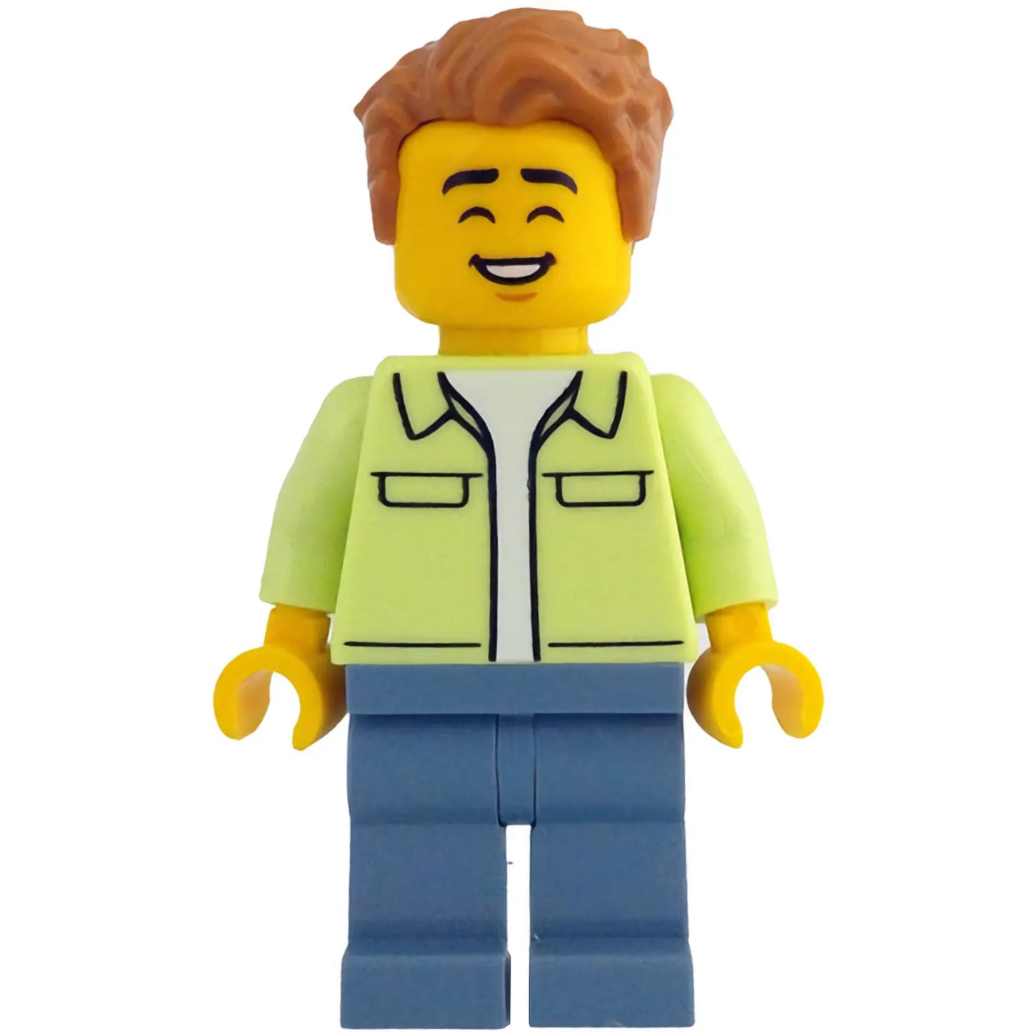 Minifig idea213 - Man - Yellowish Green Jacket over White Shirt, Sand Blue Legs, Medium Nougat Tousled Hair