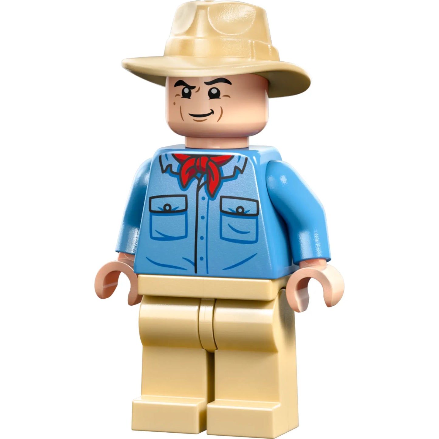 Minifig jw105 - Dr. Alan Grant - Medium Blue Shirt with Pockets with Black Buttons Outline, Tan Fedora