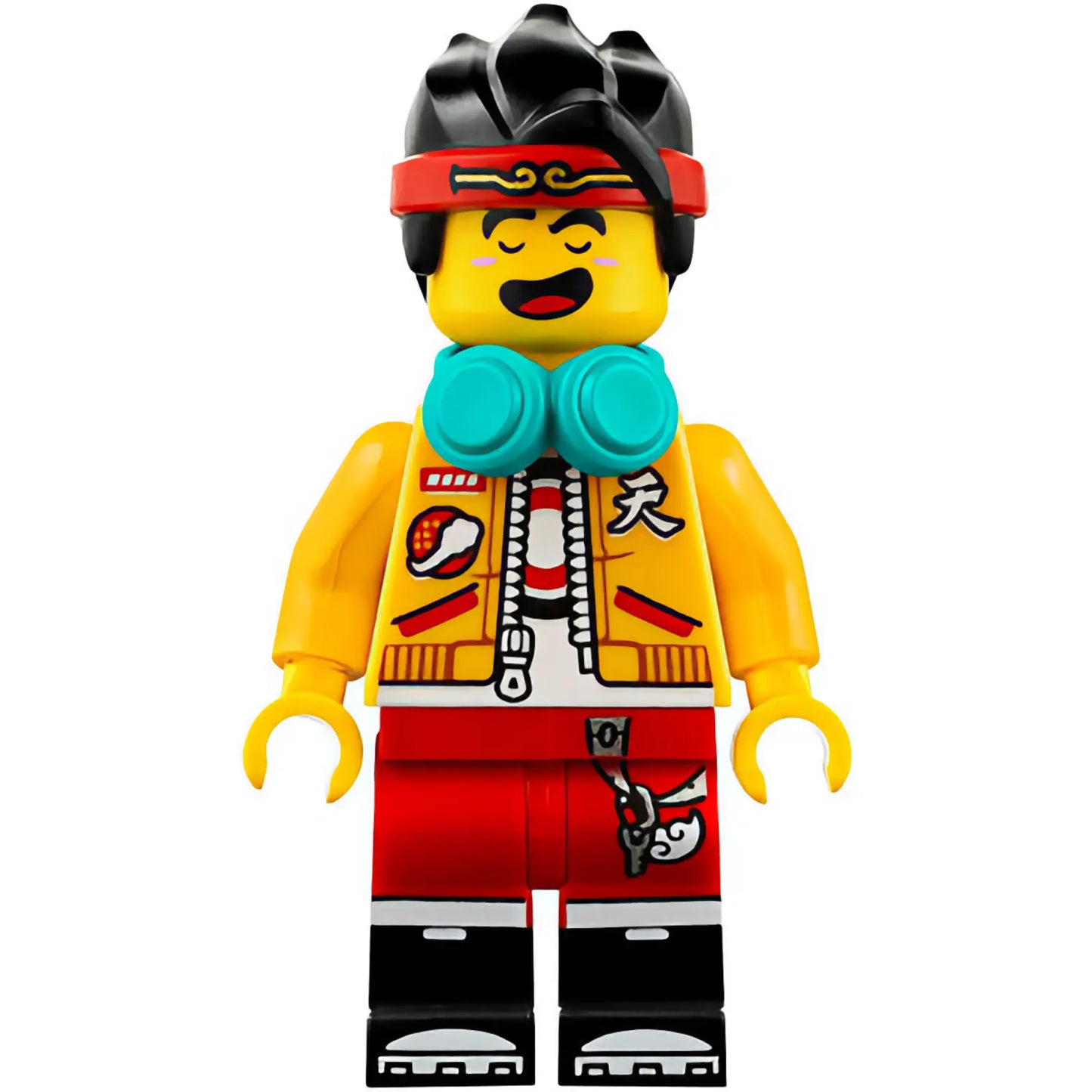 Minifig mk021 - Monkie Kid - Bright Light Orange Open Jacket, Dark Turquoise Headphones, Fierce / Happy