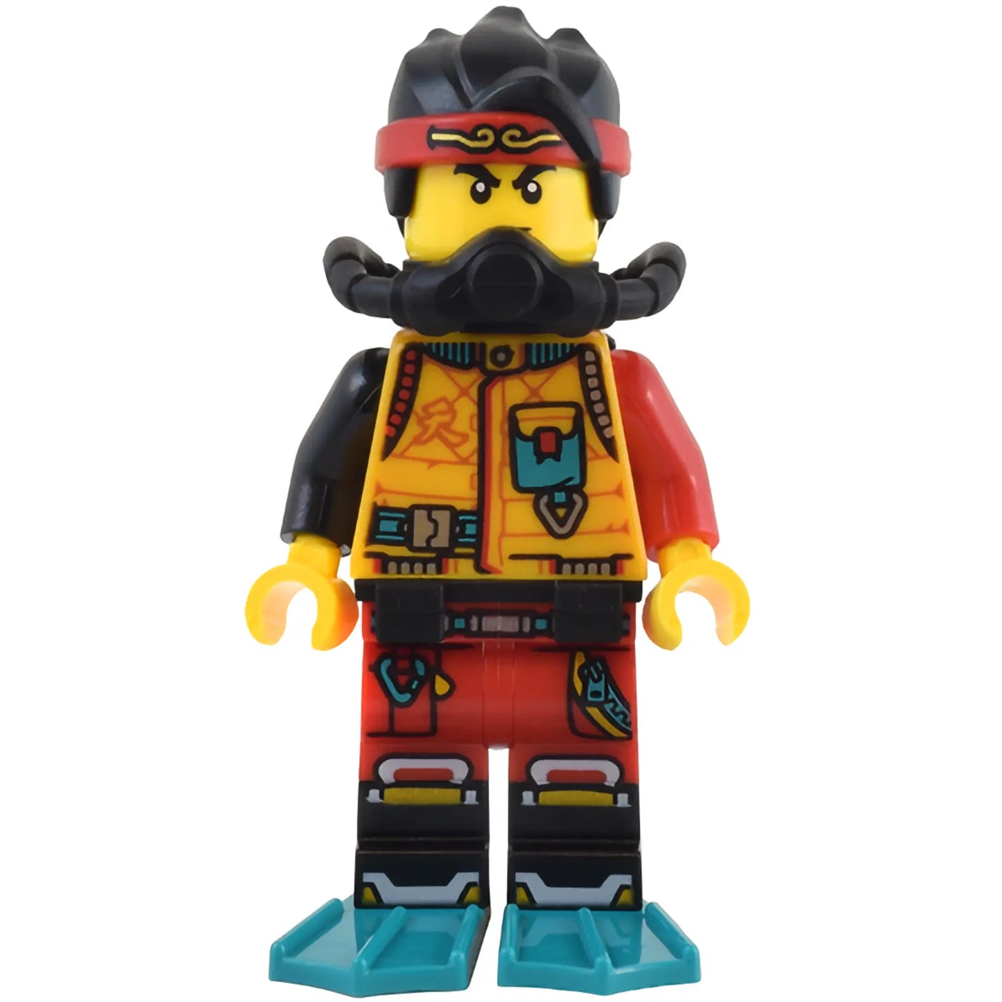 Minifig mk121 - Monkie Kid - Bright Light Orange Diving Suit, Black Scuba Gear, Dark Turquoise Flippers