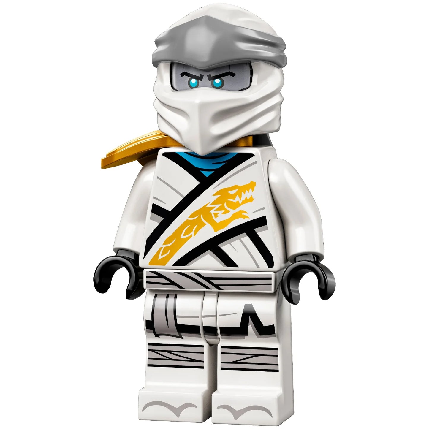 Minifigur njo670 – Zane – Legacy, Schulterpolster in perlgoldener Rüstung, Kopf in flachem Silber
