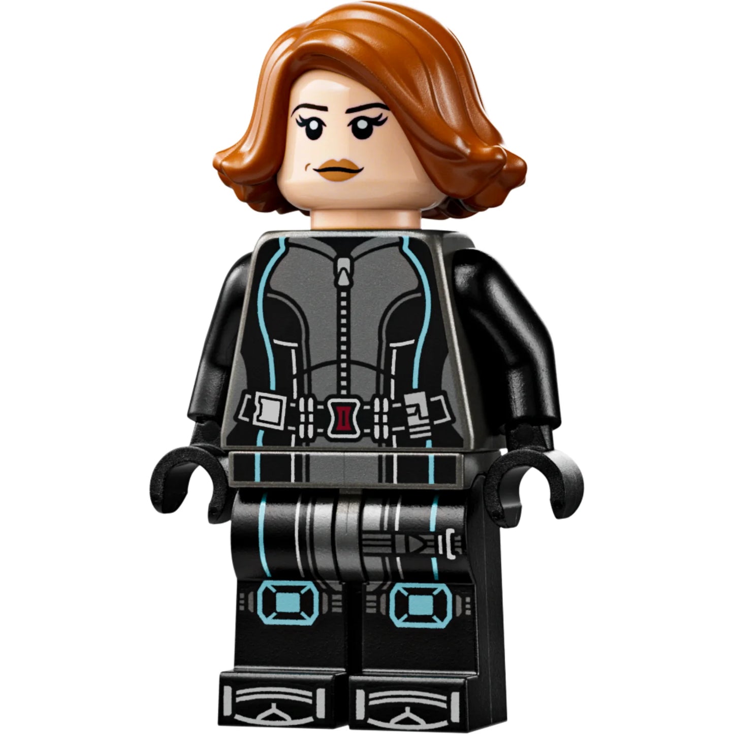 Minifig sh0881 - Black Widow - Black Jumpsuit, Dark Orange Short Hair, Printed Legs, Metallic Light Blue Trim