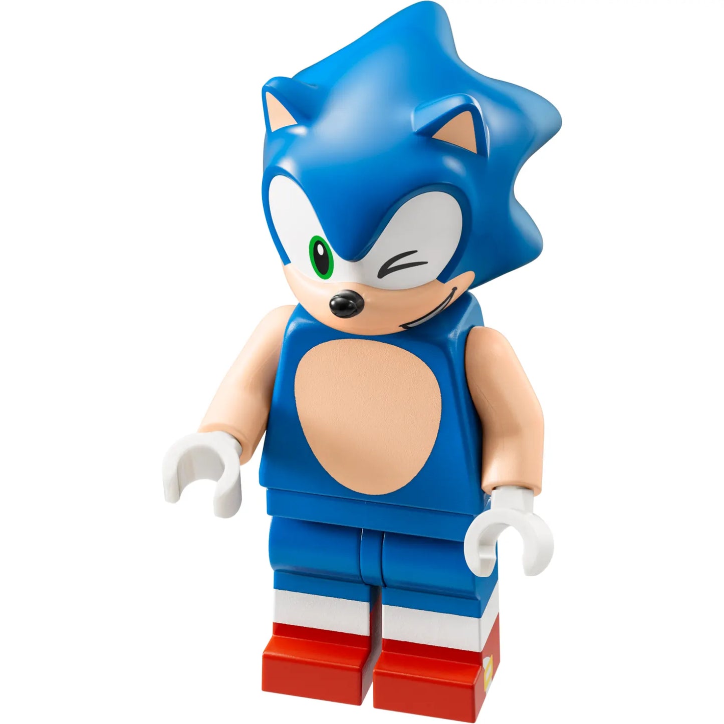 Minifigur son001 - Sonic the Hedgehog - Helles Nougat-Gesicht und Arme, zwinkernd, mit offenem Mund und Lächeln nach links