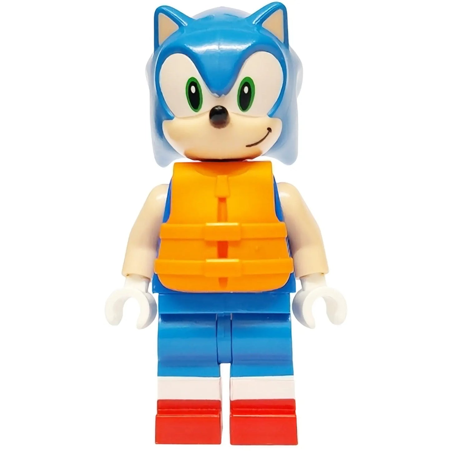 Minifig son024 - Sonic the Hedgehog - Light Nougat Face and Arms, Grin to Left, Orange Life Jacket