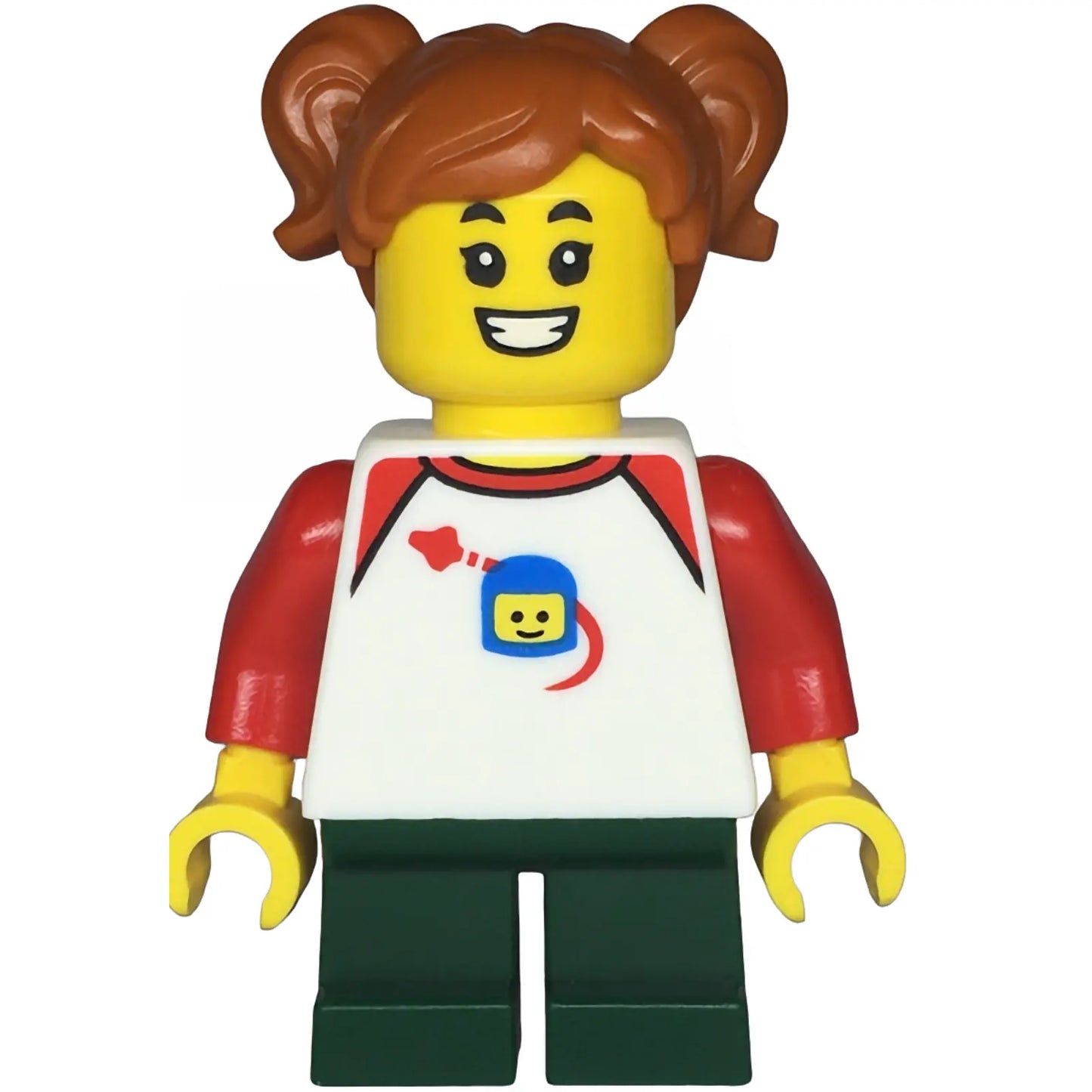 Minifig twn480 - Child - Girl, White Classic Space Shirt with Red Sleeves, Dark Green Short Legs, Dark Orange Pigtails