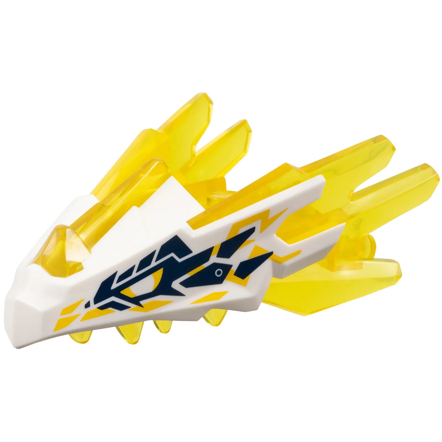Part 100588pb04 - Dragon Head (Ninjago) Jaw with Spikes, 4 Studs and 2 Bar Handles with Molded White Face and Printed Yellow Lightning, Dark Blue Markings Pattern