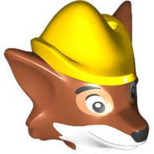 Part 101700pb01 - Minifigure, Head, Modified Fox with Molded Yellow Hat with Hole and Printed Black and White Eyes with Nougat Outline, Nose, Muzzle and Beard Pattern
