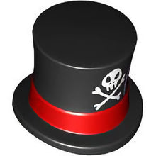 Part 101777pb02 - Minifigure, Headgear Hat, Top Hat Large with Molded Red Band and Printed White Skull, Crossbones, and Medium Lavender Feather Pattern