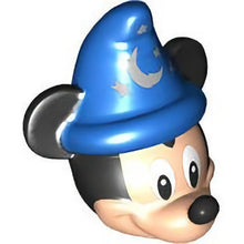 Part 102175pb01 - Minifigure, Head, Modified Mouse with Molded Black Ears and Blue Wizard Hat and Printed Nose, White Eyes and Silver Moon and Stars Pattern (Mickey)