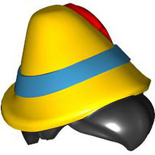 Part 102286pb01 - Minifigure, Hair Combo, Hair with Hat, Short Hair with Quiff with Molded Yellow Hat and Dark Azure Band and Printed Red Feather Pattern