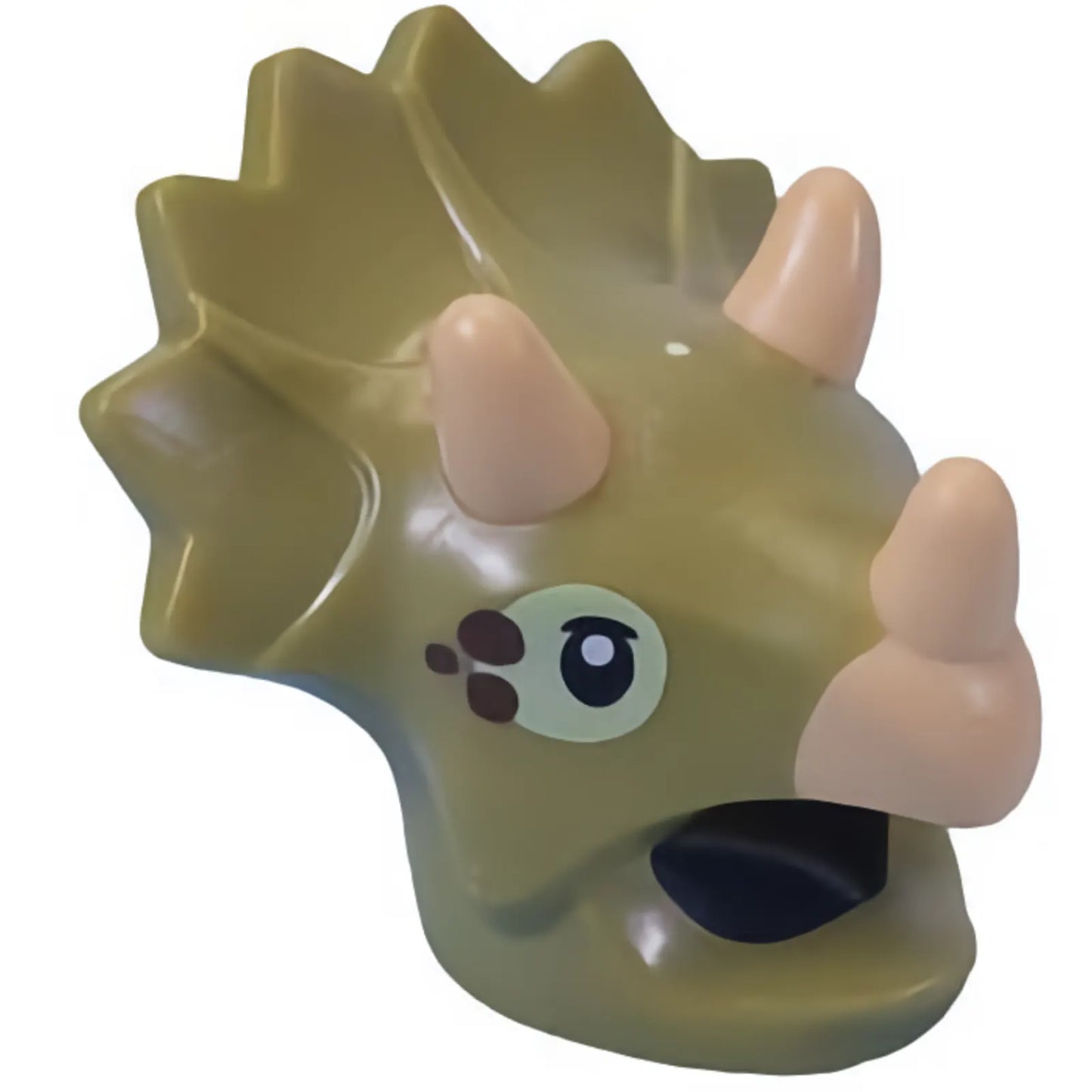 Part 105225pb01 - Minifigure, Headgear Head Cover, Costume Dinosaur Triceratops with Molded Tan Horns, Printed Black and Yellowish Green Eyes with Dark Brown Spots Pattern