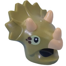 Part 105225pb01 - Minifigure, Headgear Head Cover, Costume Dinosaur Triceratops with Molded Tan Horns, Printed Black and Yellowish Green Eyes with Dark Brown Spots Pattern