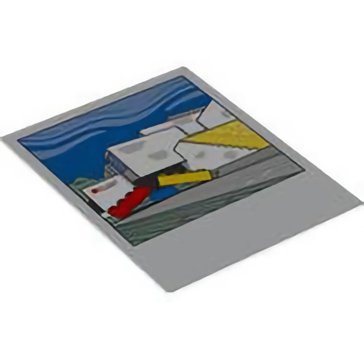 Part 106270 - Plastic Polaroid Photo with White LEGO House Building with Red, Yellow, and Blue Bricks and Black Square on Back Pattern
