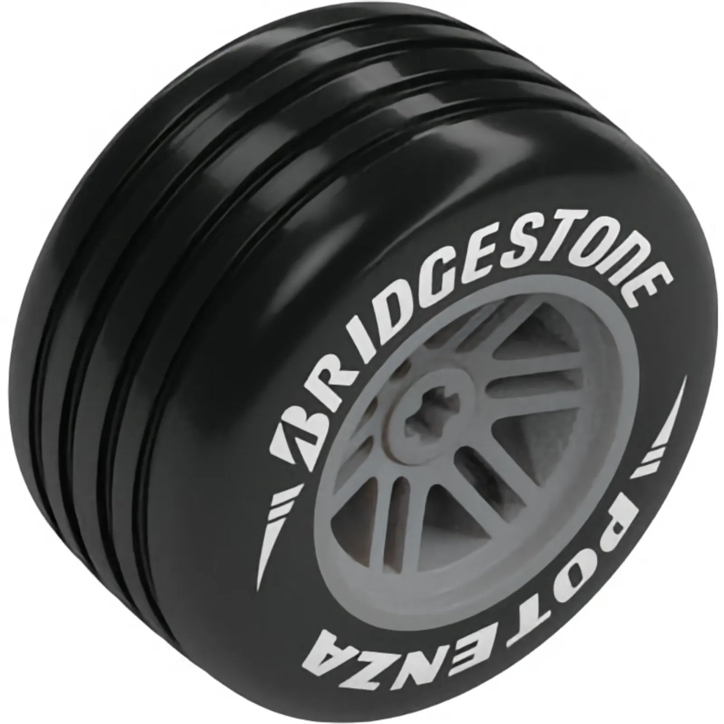 Part 114948pb01 - Wheel 48 x 26 with Axle Hole with Molded Black Hard Rubber Grooved Tire and Printed White 'BRIDGESTONE POTENZA', Stripes and Triangles Pattern